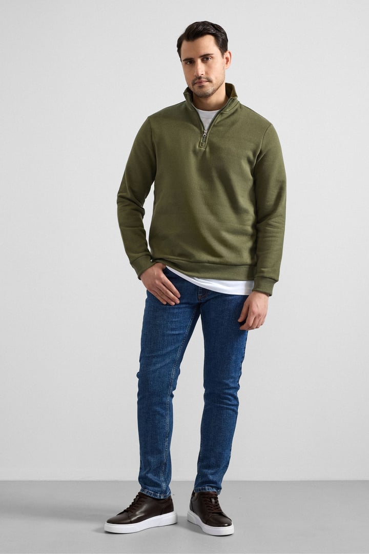 Haki Regular Düz Yarım Balıkçı Yaka Sweatshirt