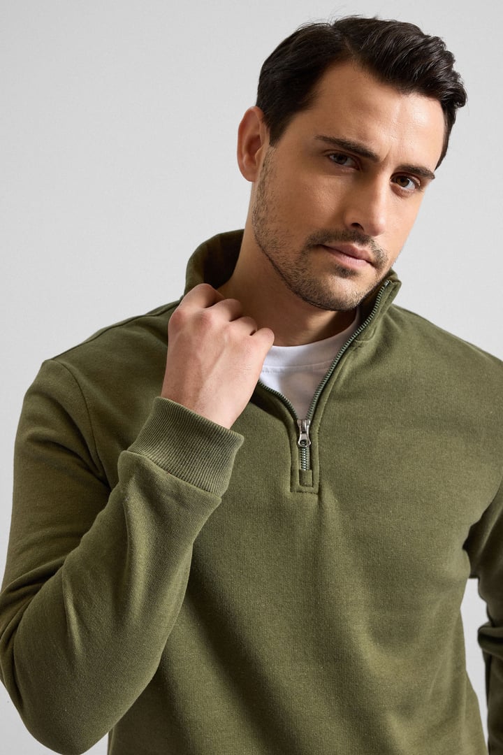 Haki Regular Düz Yarım Balıkçı Yaka Sweatshirt