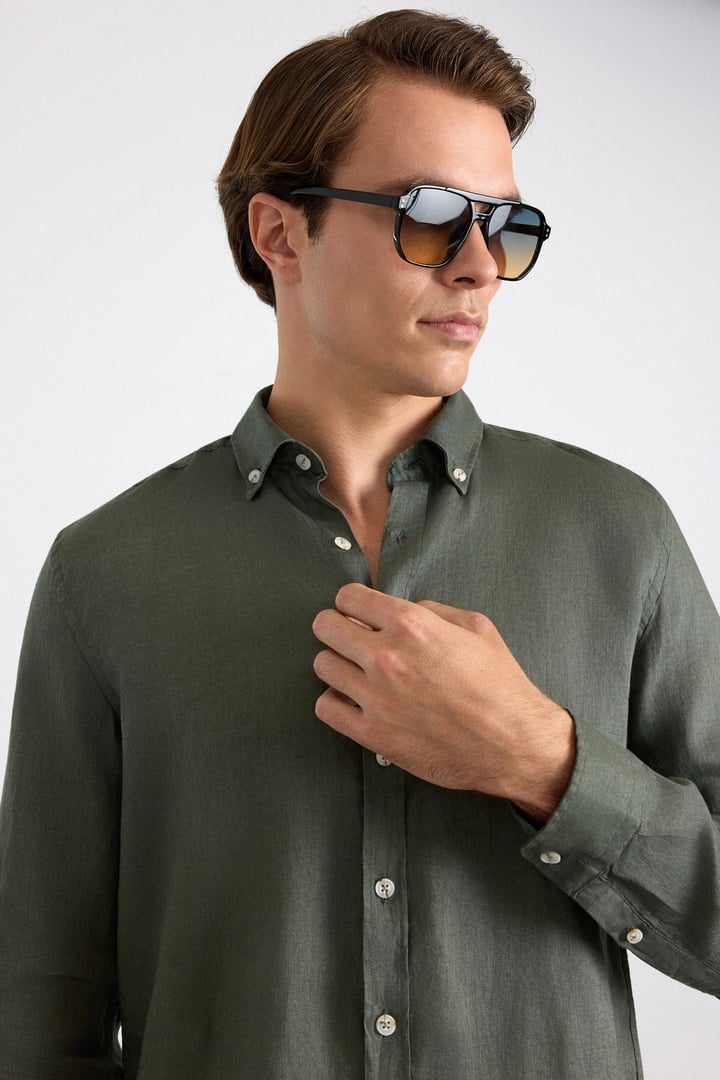 Haki Regular Klasik Yaka Düz Düz Cepsiz Düz Uzun Kollu Standart Casual Gömlek