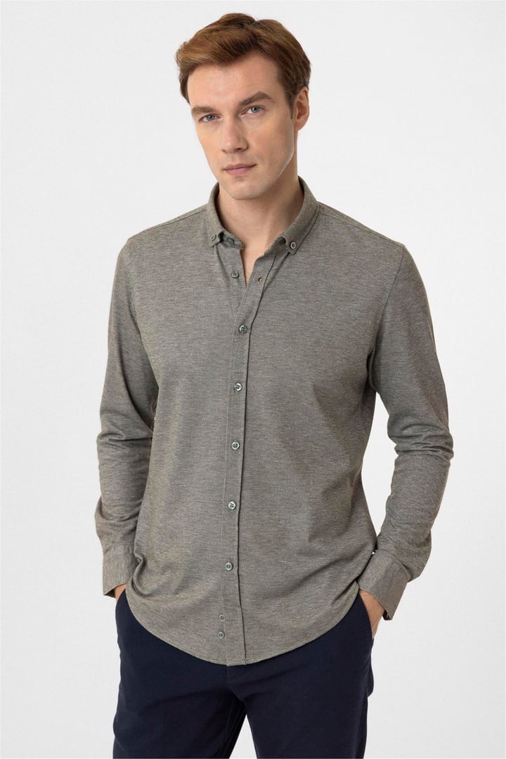 Haki Slim Fit Armürlü Düğmeli Yaka Gömlek