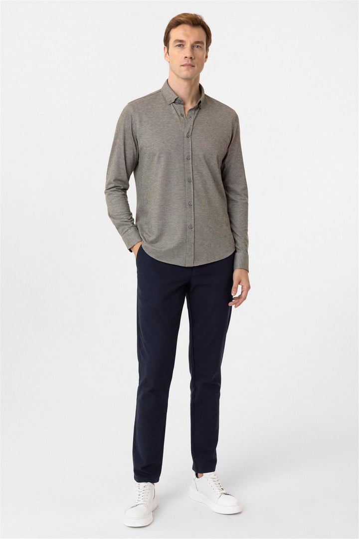 Haki Slim Fit Armürlü Düğmeli Yaka Gömlek