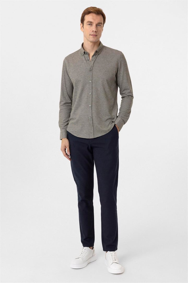 Haki Slim Fit Armürlü Düğmeli Yaka Gömlek