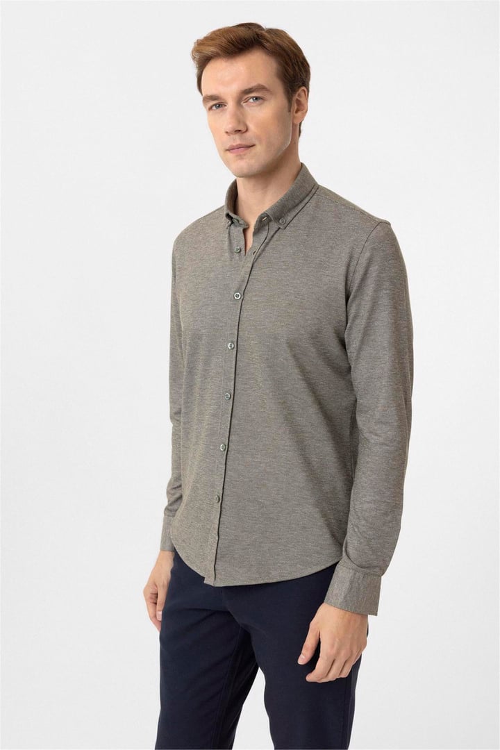 Haki Slim Fit Armürlü Düğmeli Yaka Gömlek