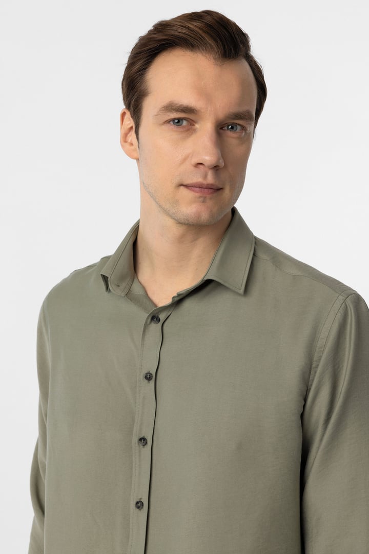 Haki Slim Fit Düz Klasik Yaka Gömlek