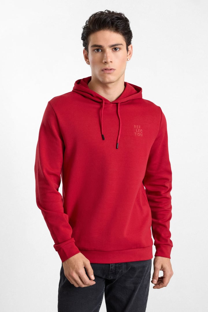 Kırmızı Regular Düz Baskılı İnterlok Kapüşonlu Cepsiz Sweatshirt