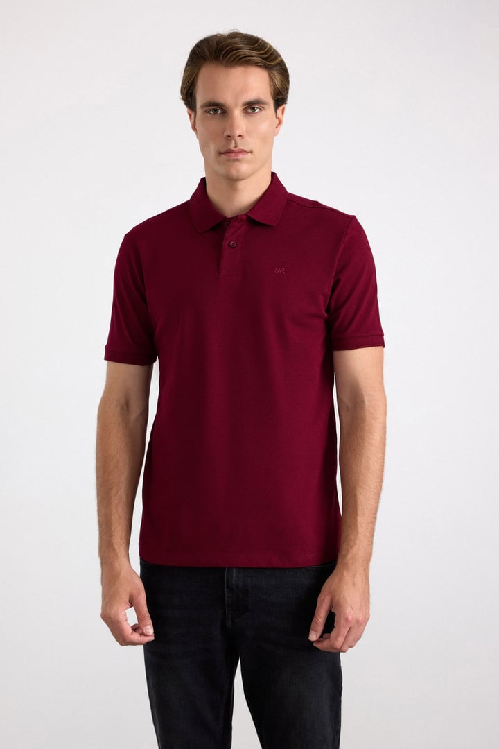 Koyu Bordo Regular Düz Baskısız Pike Düğmeli Polo Yaka Standart Tişört
