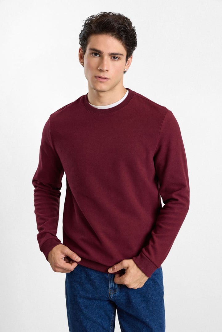 Koyu Bordo Regular Düz Baskısız Selanik Bisiklet Yaka Cepsiz Sweatshirt