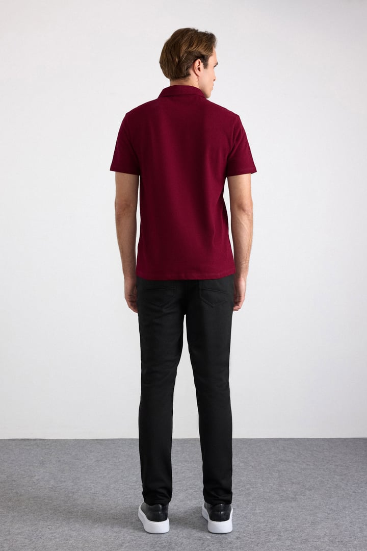 Koyu Bordo Regular Petek Baskısız Süprem Düğmeli Polo Yaka Standart Tişört