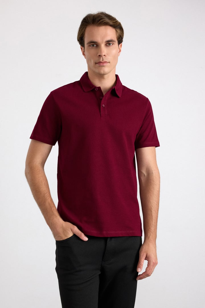 Koyu Bordo Regular Petek Baskısız Süprem Düğmeli Polo Yaka Standart Tişört