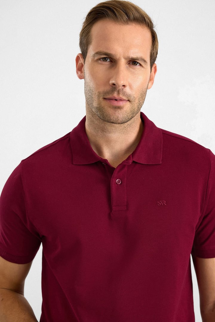 Koyu Bordo Slim Düz Düğmeli Polo Yaka Tişört