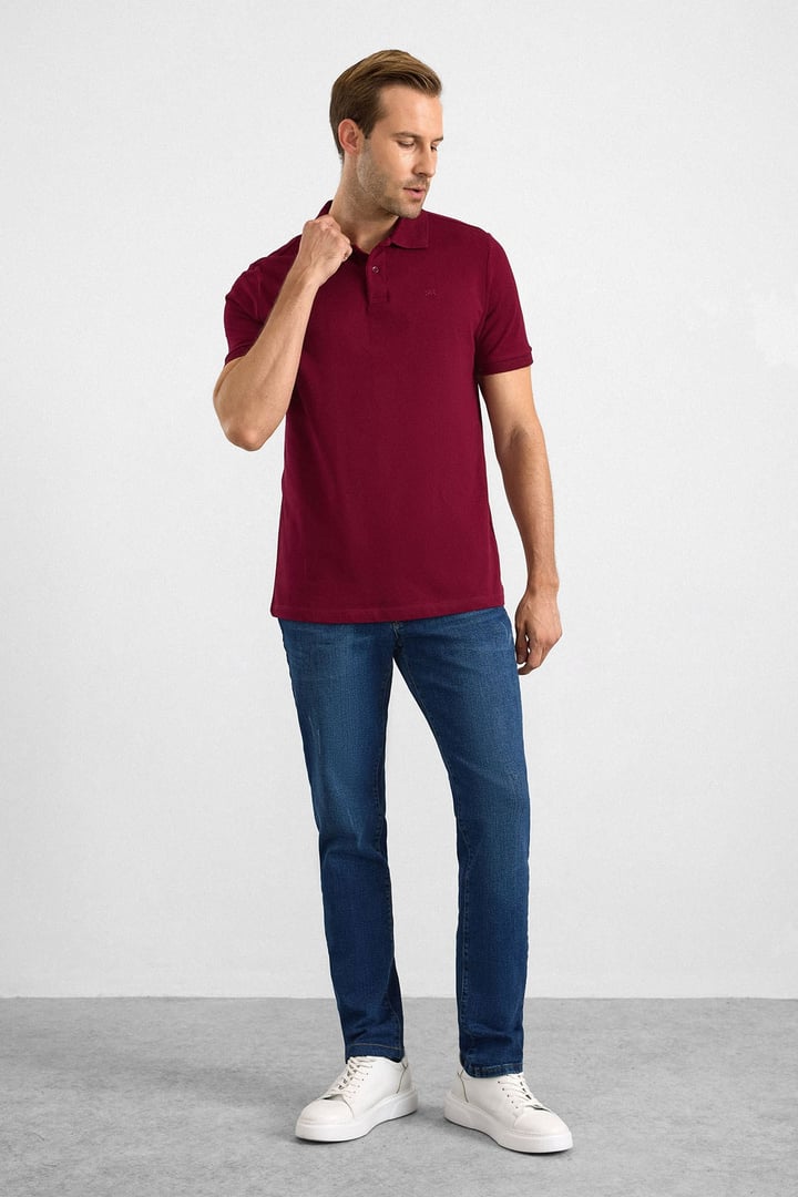 Koyu Bordo Slim Düz Düğmeli Polo Yaka Tişört