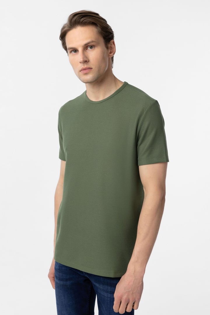 Koyu Haki Slim Fit Armürlü Bisiklet Yaka Tişört