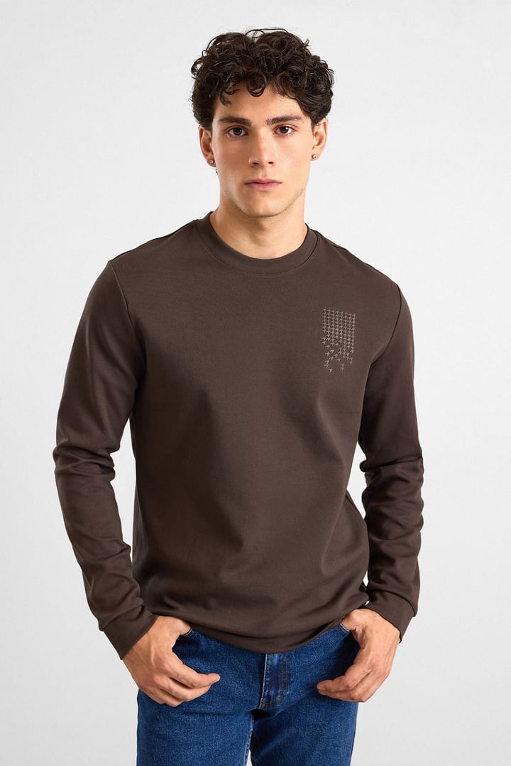 Koyu Kahve Regular Düz Baskılı İnterlok Bisiklet Yaka Cepsiz Düz Sweatshirt