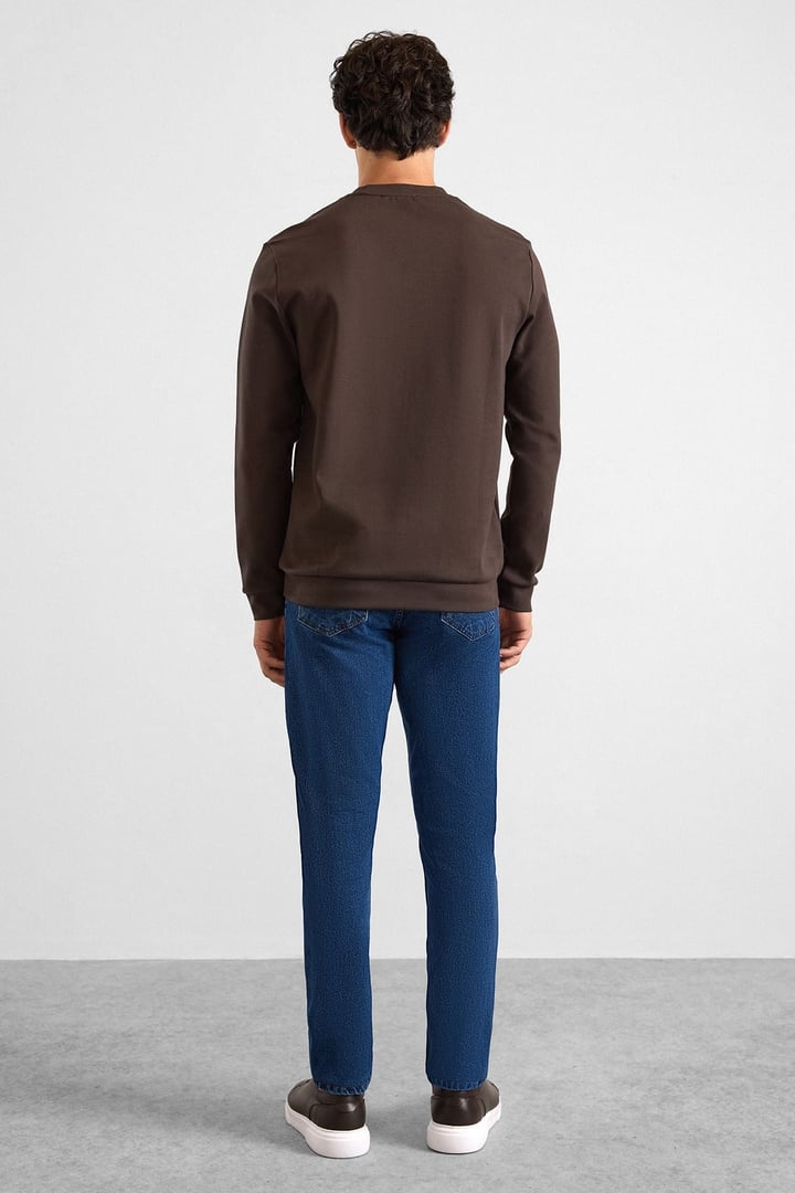 Koyu Kahve Regular Düz Baskılı İnterlok Bisiklet Yaka Cepsiz Düz Sweatshirt