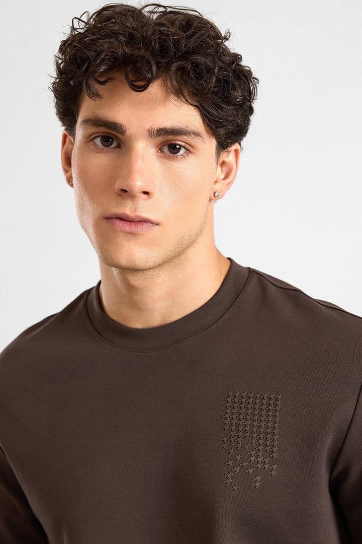 Koyu Kahve Regular Düz Baskılı İnterlok Bisiklet Yaka Cepsiz Düz Sweatshirt