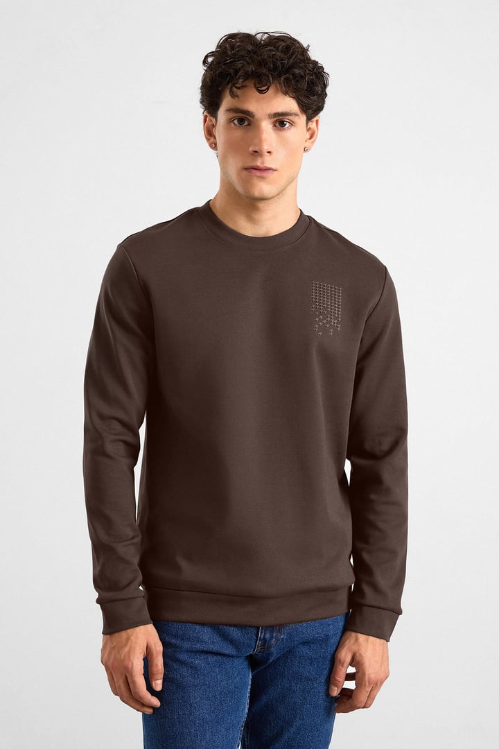 Koyu Kahve Regular Düz Baskılı İnterlok Bisiklet Yaka Cepsiz Düz Sweatshirt