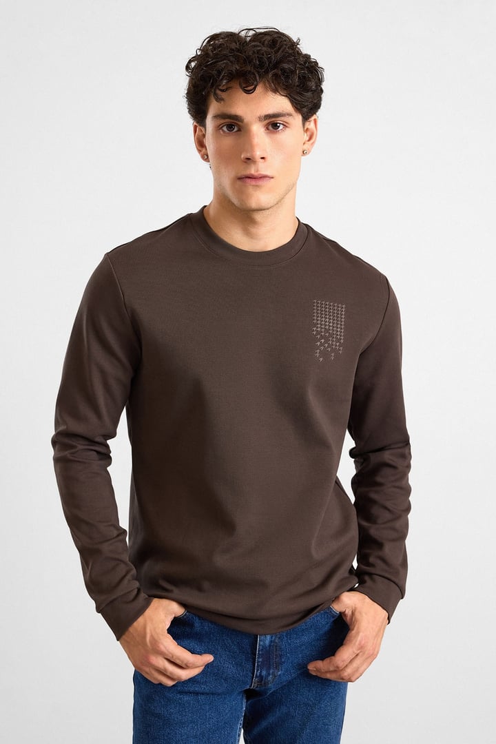 Koyu Kahve Regular Düz Baskılı İnterlok Bisiklet Yaka Cepsiz Düz Sweatshirt