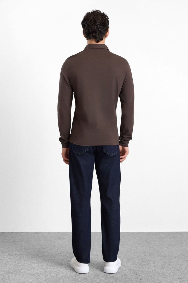 Koyu Kahve Regular Düz Baskısız Süprem Düğmeli Polo Yaka Cepsiz Sweatshirt