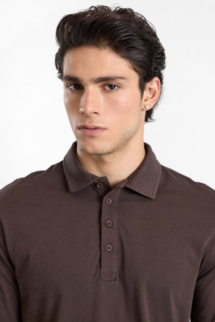 Koyu Kahve Regular Düz Baskısız Süprem Düğmeli Polo Yaka Cepsiz Sweatshirt