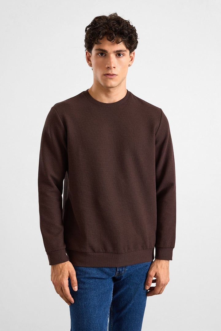 Koyu Kahve Regular Düz Bisiklet Yaka Sweatshirt