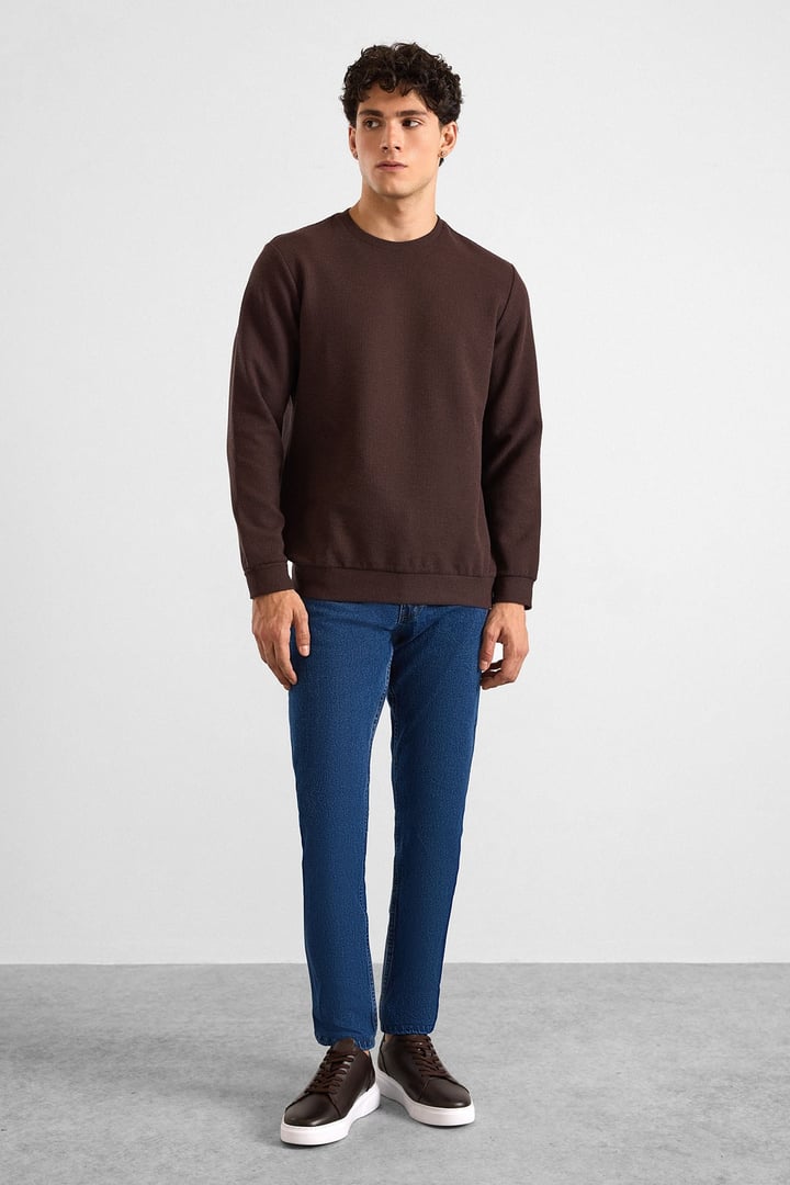 Koyu Kahve Regular Düz Bisiklet Yaka Sweatshirt