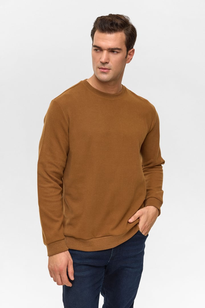 Koyu Kahve Regular Düz Bisiklet Yaka Sweatshirt