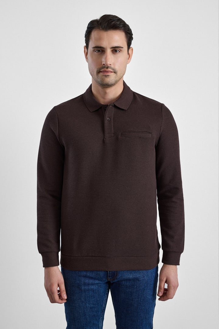 Koyu Kahve Regular Düz Polo Yaka Sweatshirt