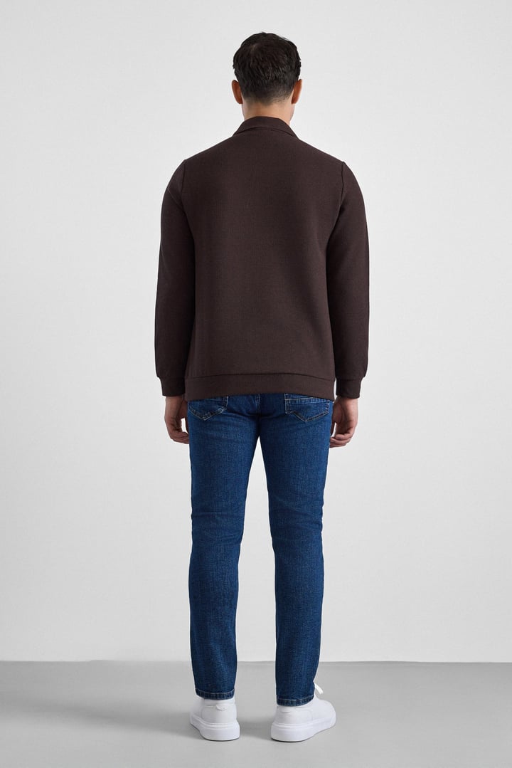 Koyu Kahve Regular Düz Polo Yaka Sweatshirt