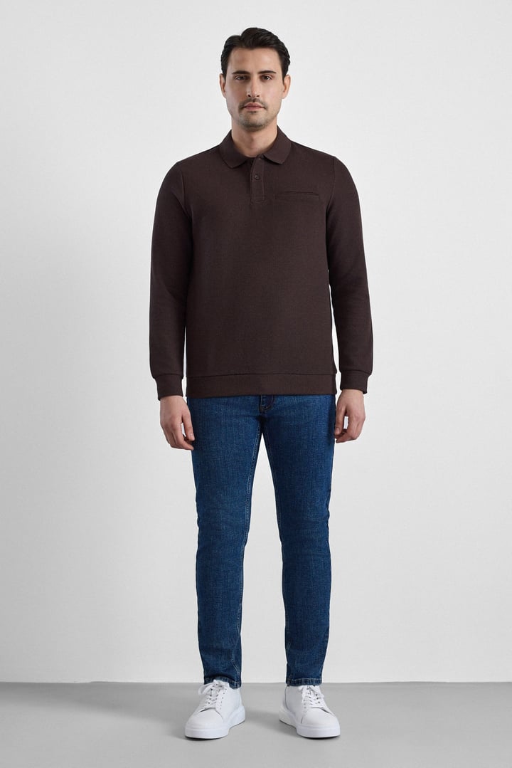 Koyu Kahve Regular Düz Polo Yaka Sweatshirt