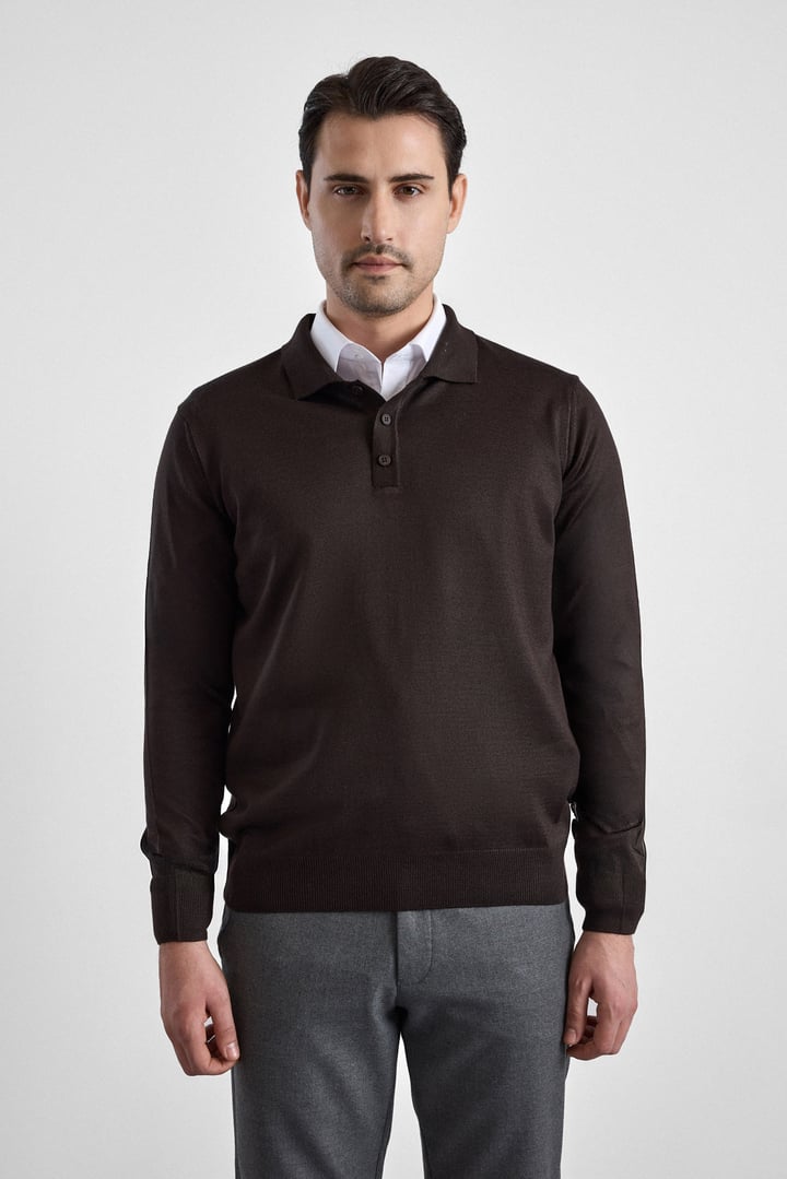 Koyu Kahve Regular Düz Polo Yaka Triko