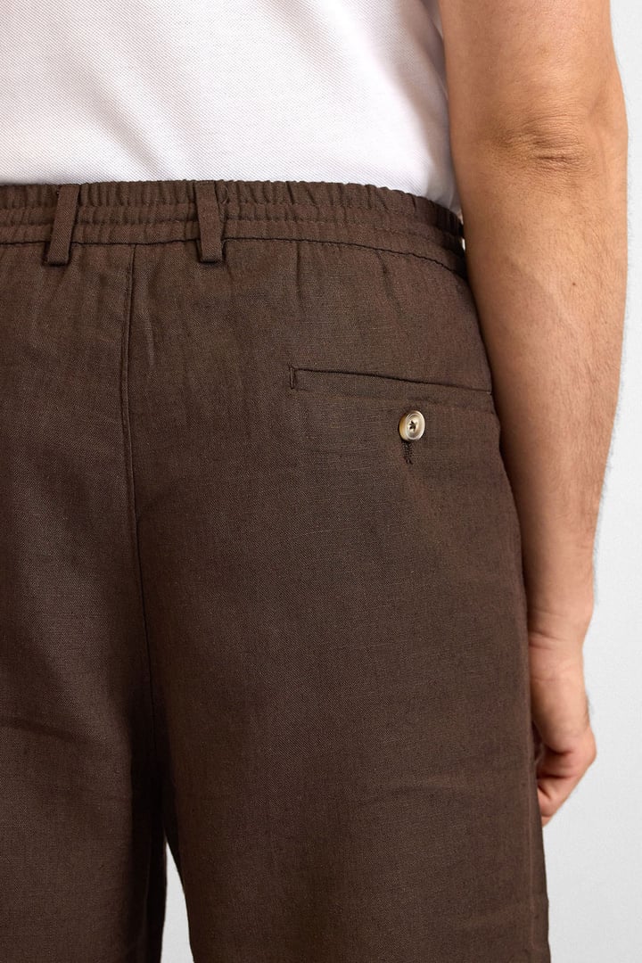 Koyu Kahve Regular Düz Twill Yarım Lastikli Şort