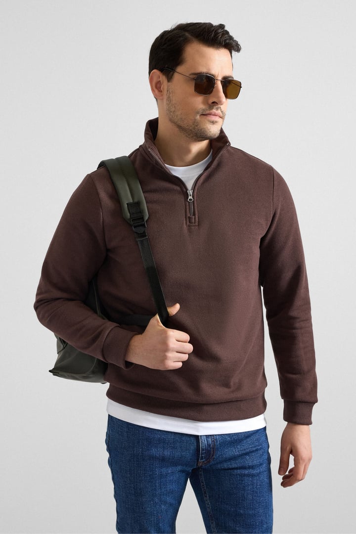 Koyu Kahve Regular Düz Yarım Balıkçı Yaka Sweatshirt