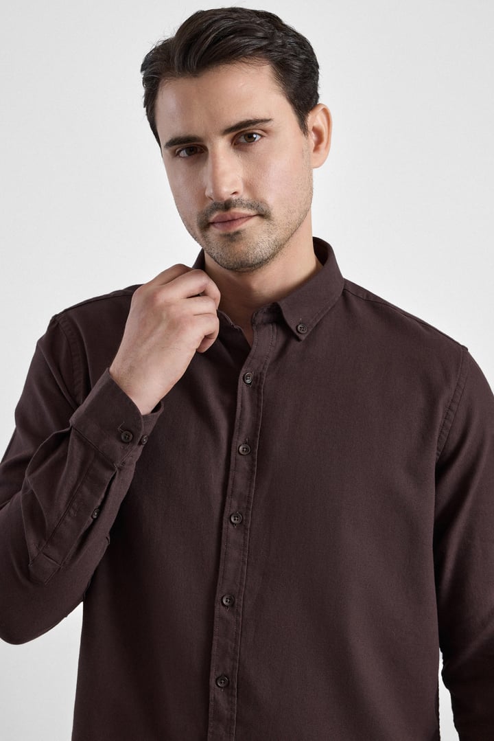 Koyu Kahve Slim Düğmeli Yaka Düz Uzun Kollu Casual Gömlek