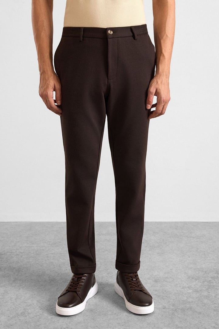 Koyu Kahve Slim Düz Twill Yarım Lastikli Jogger Pantolon