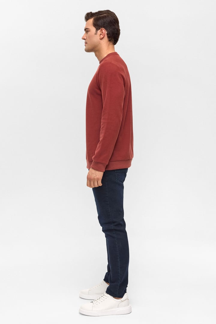 Koyu Kiremit Regular Düz Bisiklet Yaka Sweatshirt