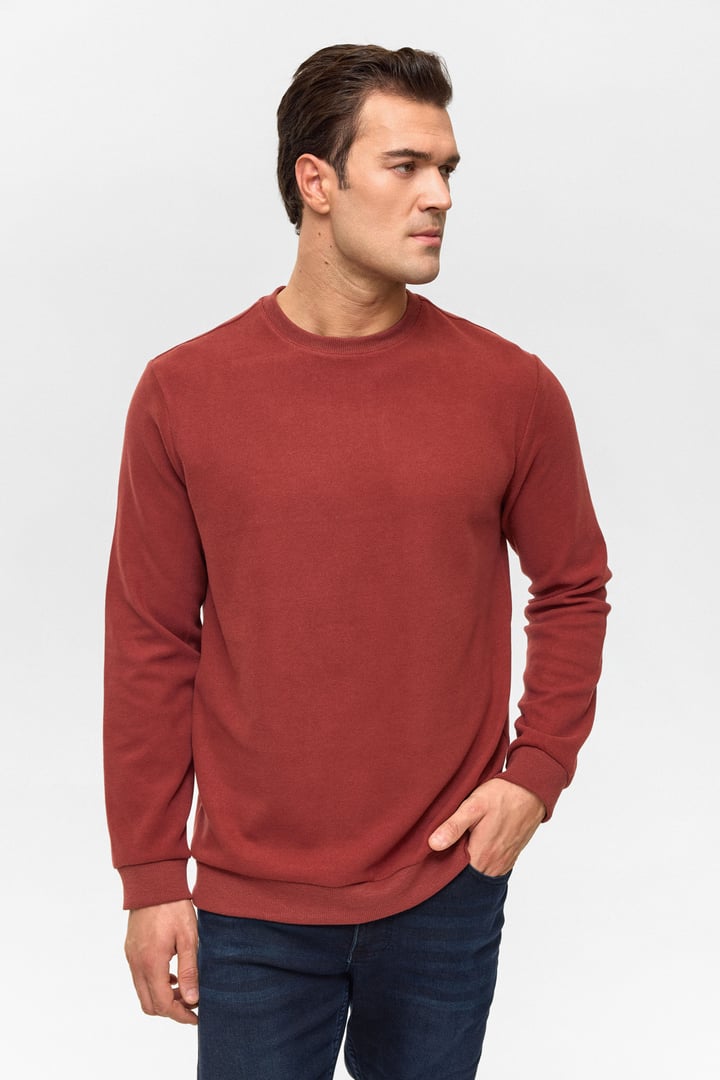 Koyu Kiremit Regular Düz Bisiklet Yaka Sweatshirt