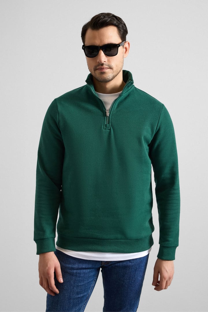 Koyu Yeşil Regular Düz Yarım Balıkçı Yaka Sweatshirt
