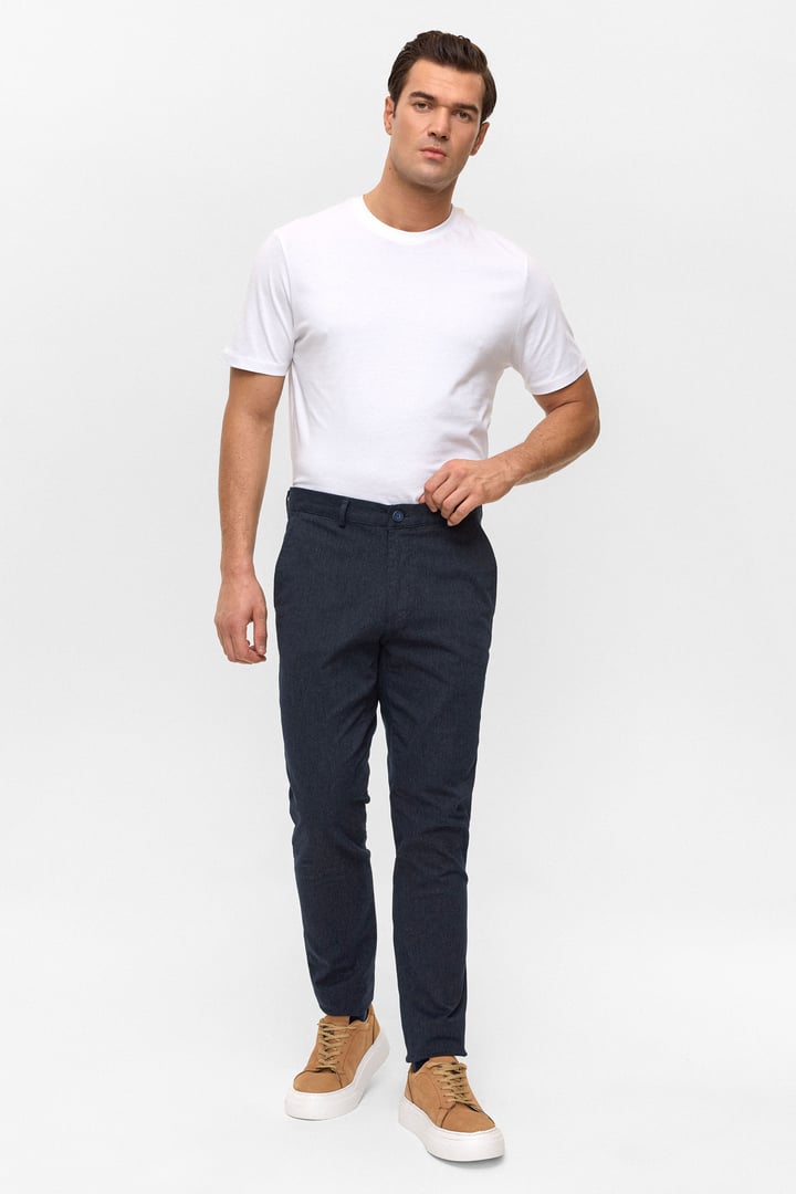Lacivert Regular Armürlü Kanvas Pantolon