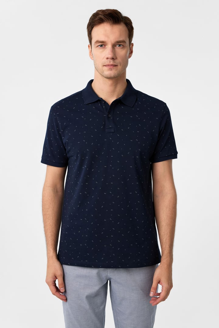 Lacivert Regular Baskılı Polo Yaka Tişört