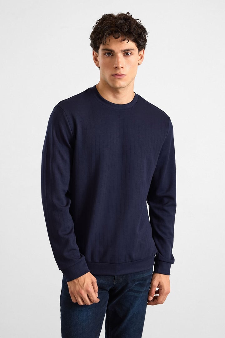 Lacivert Regular Dikey Çizgili Baskısız Jakarlı Bisiklet Yaka Cepsiz Düz Sweatshirt