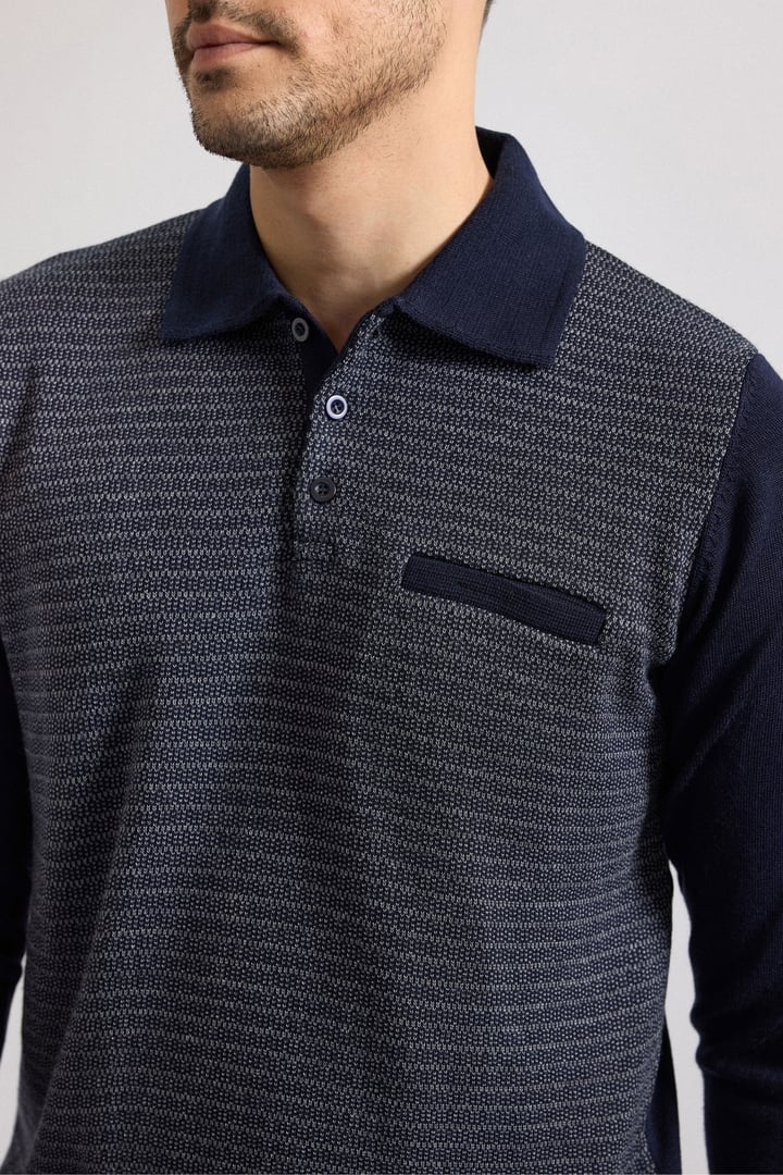 Lacivert Regular Düğmeli Polo Yaka Kazak