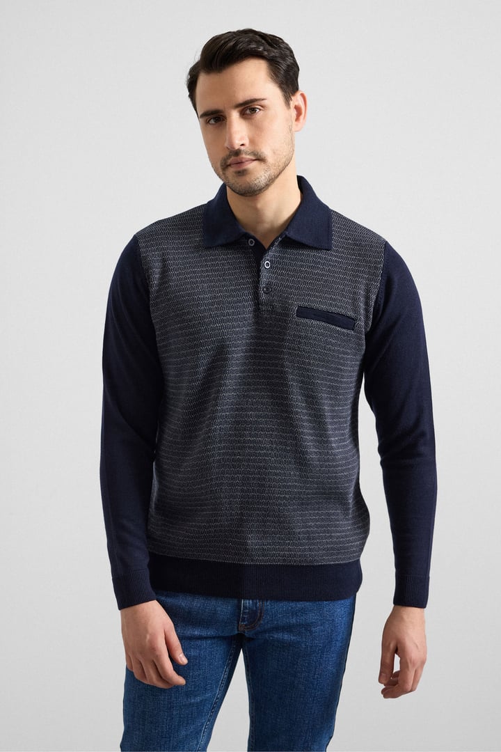 Lacivert Regular Düğmeli Polo Yaka Kazak