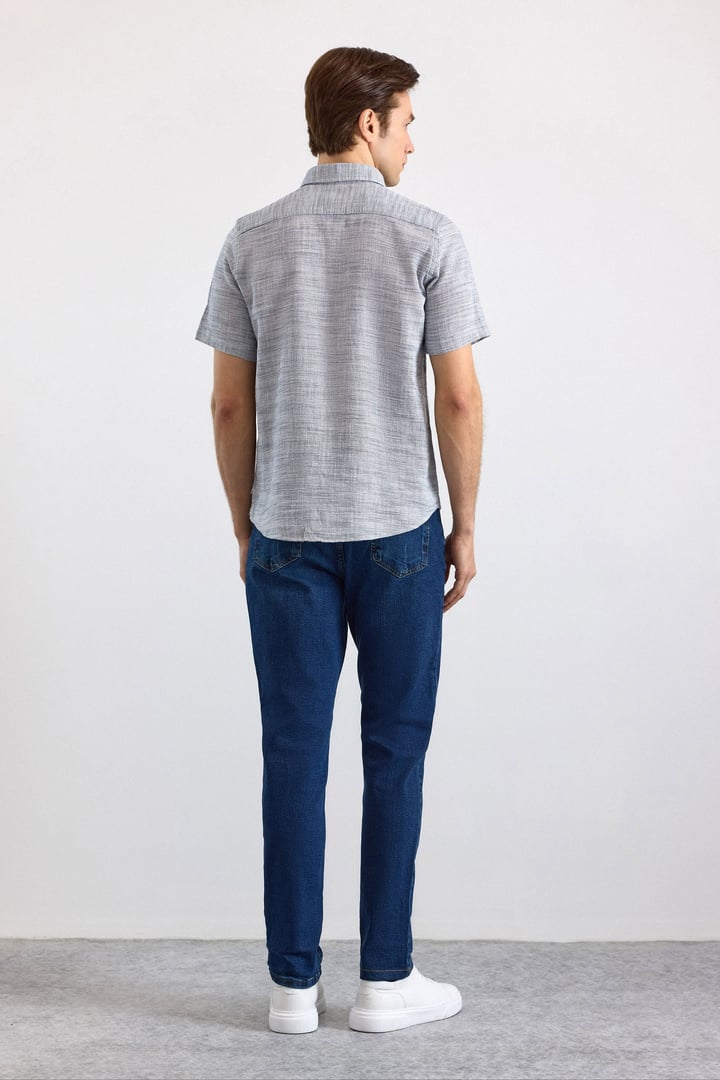 Lacivert Regular Düğmeli Yaka Düz Kapaksız Cep Düğmeli Kısa Kollu Standart Casual Gömlek