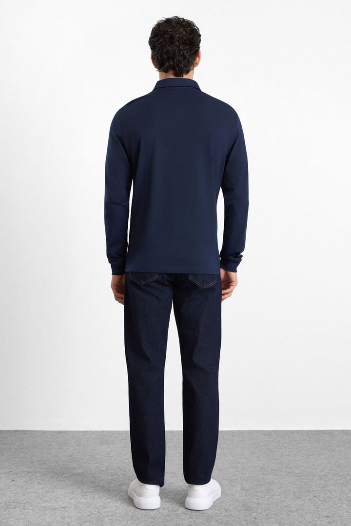 Lacivert Regular Düz Baskısız Süprem Düğmeli Polo Yaka Cepsiz Sweatshirt
