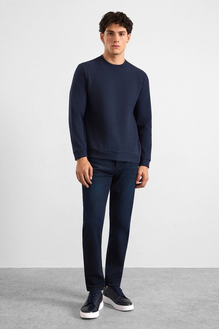Lacivert Regular Düz Bisiklet Yaka Sweatshirt