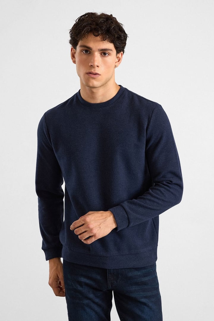 Lacivert Regular Düz Bisiklet Yaka Sweatshirt