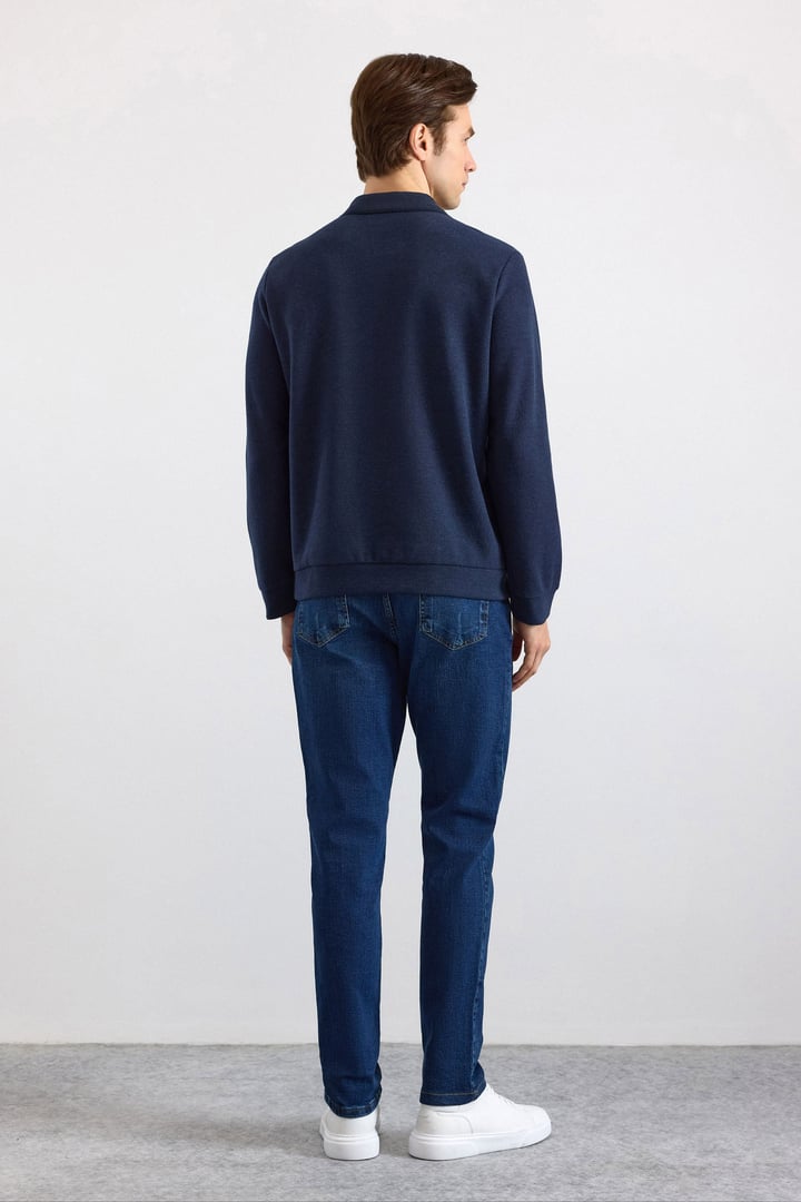 Lacivert Regular Düz Fermuarlı Polo Yaka Sweatshirt