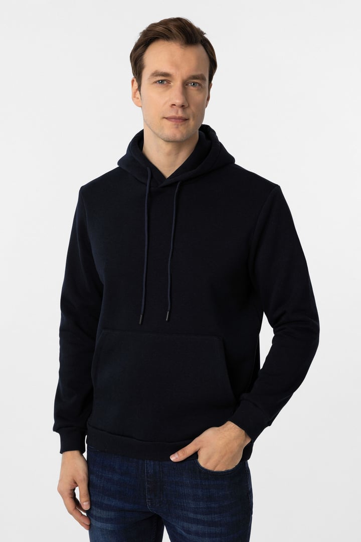 Lacivert Regular Düz Kapüşonlu Yaka Sweatshirt