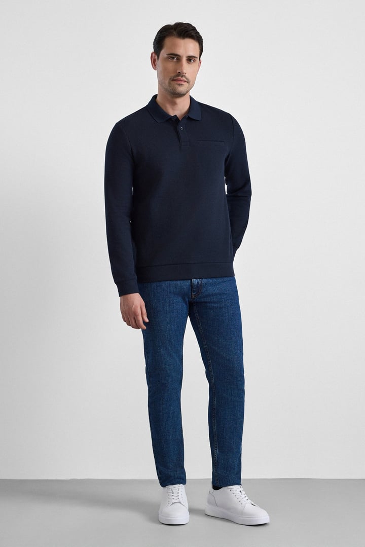 Lacivert Regular Düz Polo Yaka Sweatshirt