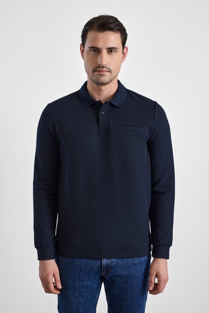 Lacivert Regular Düz Polo Yaka Sweatshirt